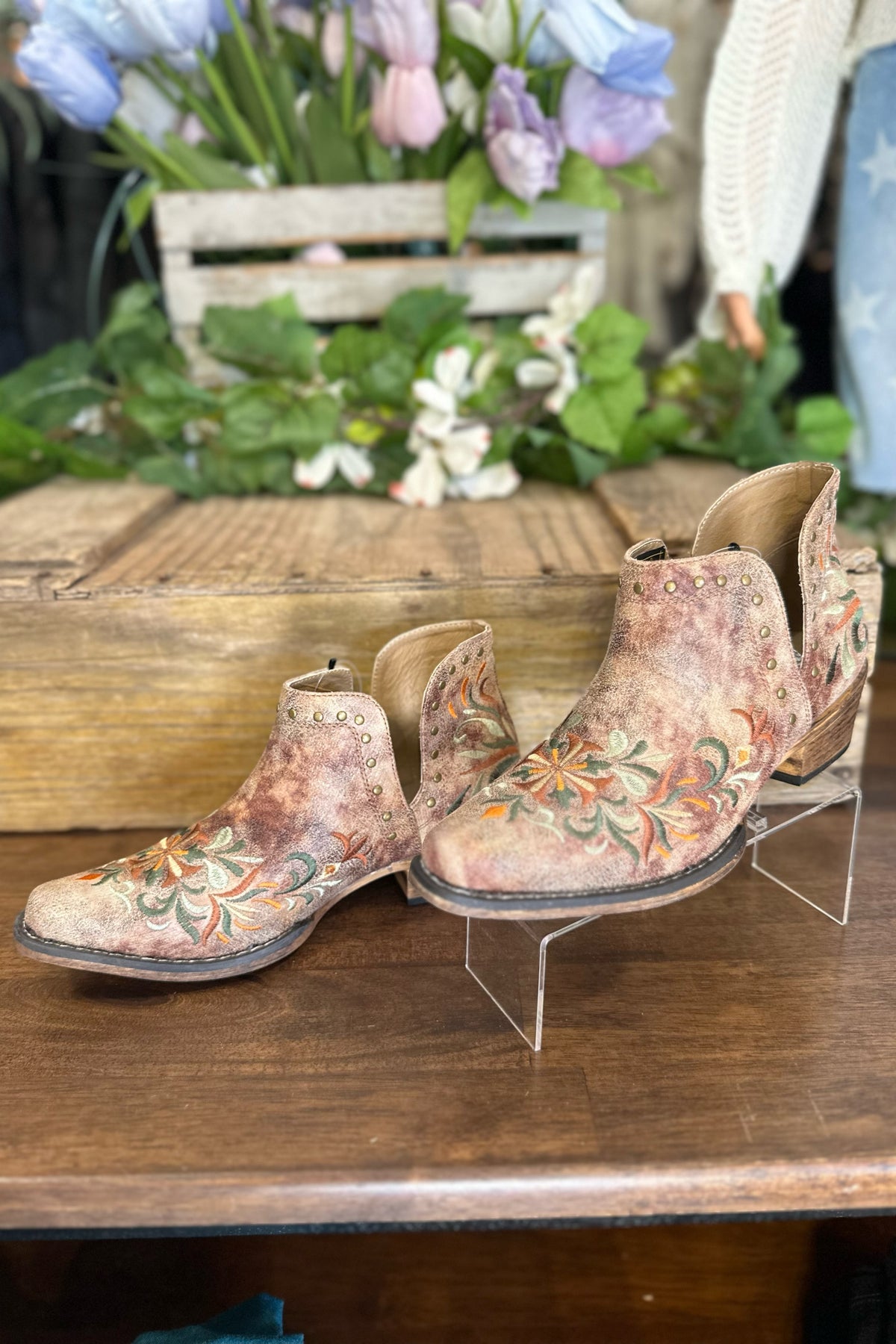 Snip Toe Short Boot with Floral Embroidery by Roper-Boot-Roper/Stetson-Gallop 'n Glitz- Women's Western Wear Boutique, Located in Grants Pass, Oregon
