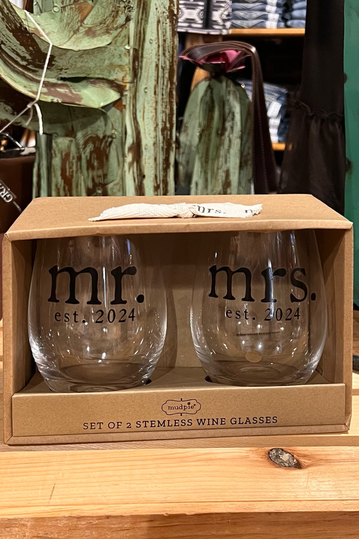 2024 Mr. and Mrs. Wine Glass Set-Gift-Mud Pie-Gallop 'n Glitz- Women's Western Wear Boutique, Located in Grants Pass, Oregon