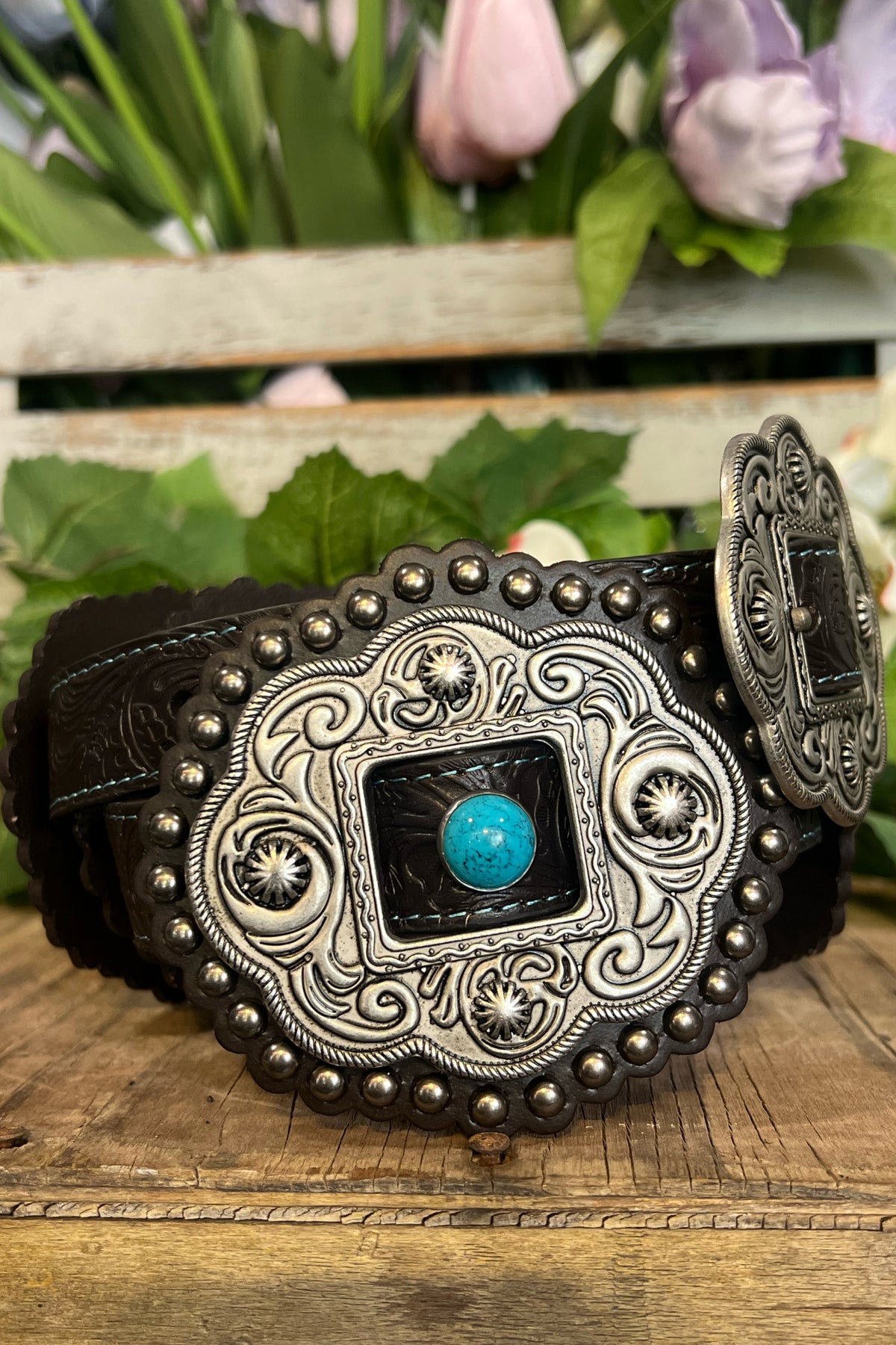Women's Tooled Concho Belt with Turquoise Studs by Roper-Belt-Gem Dandy-Gallop 'n Glitz- Women's Western Wear Boutique, Located in Grants Pass, Oregon