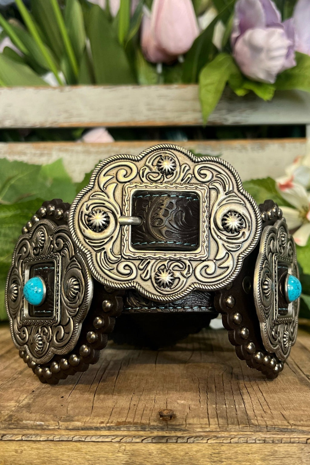 Tooled Large Concho Belt for Women RED TOOLED LEATHER STUDDED WIDE CONCHO BELT | FREDERICKSBURG  main image 4
