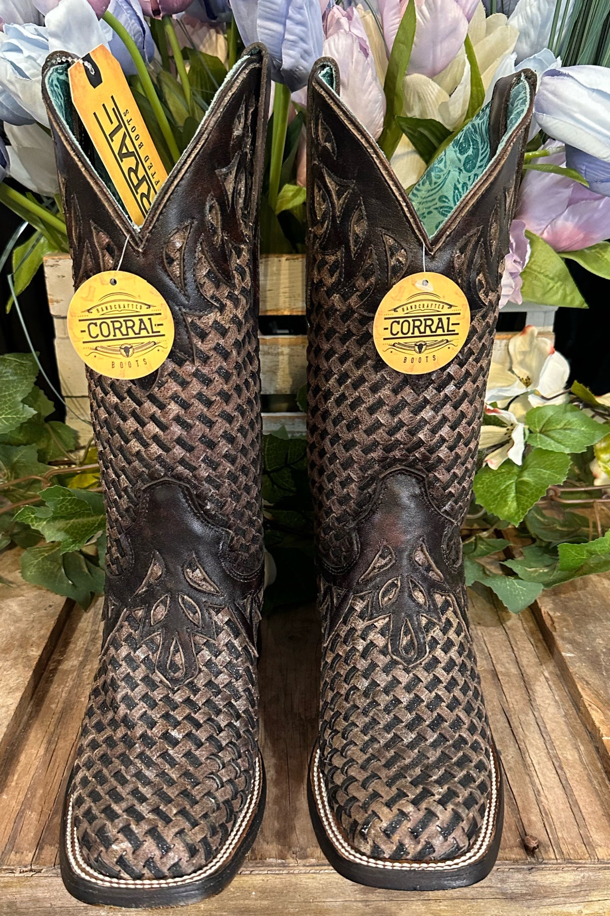 Chocolate Glitter Woven & Overlay Square Toe Boot by Corral Boots-Boot-Corral Boots-Gallop 'n Glitz- Women's Western Wear Boutique, Located in Grants Pass, Oregon