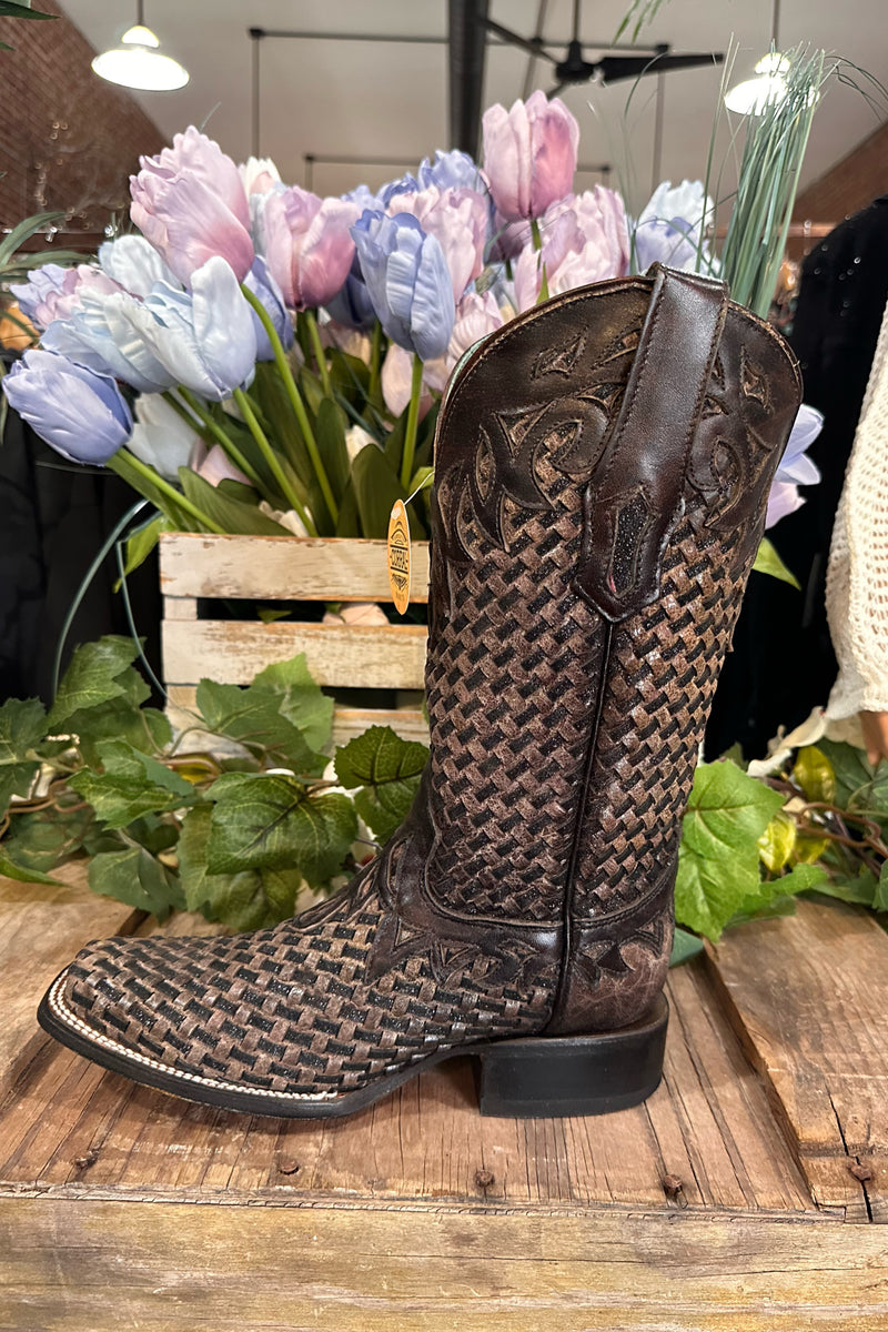 Chocolate Glitter Woven & Overlay Square Toe Boot by Corral Boots-Boot-Corral Boots-Gallop 'n Glitz- Women's Western Wear Boutique, Located in Grants Pass, Oregon