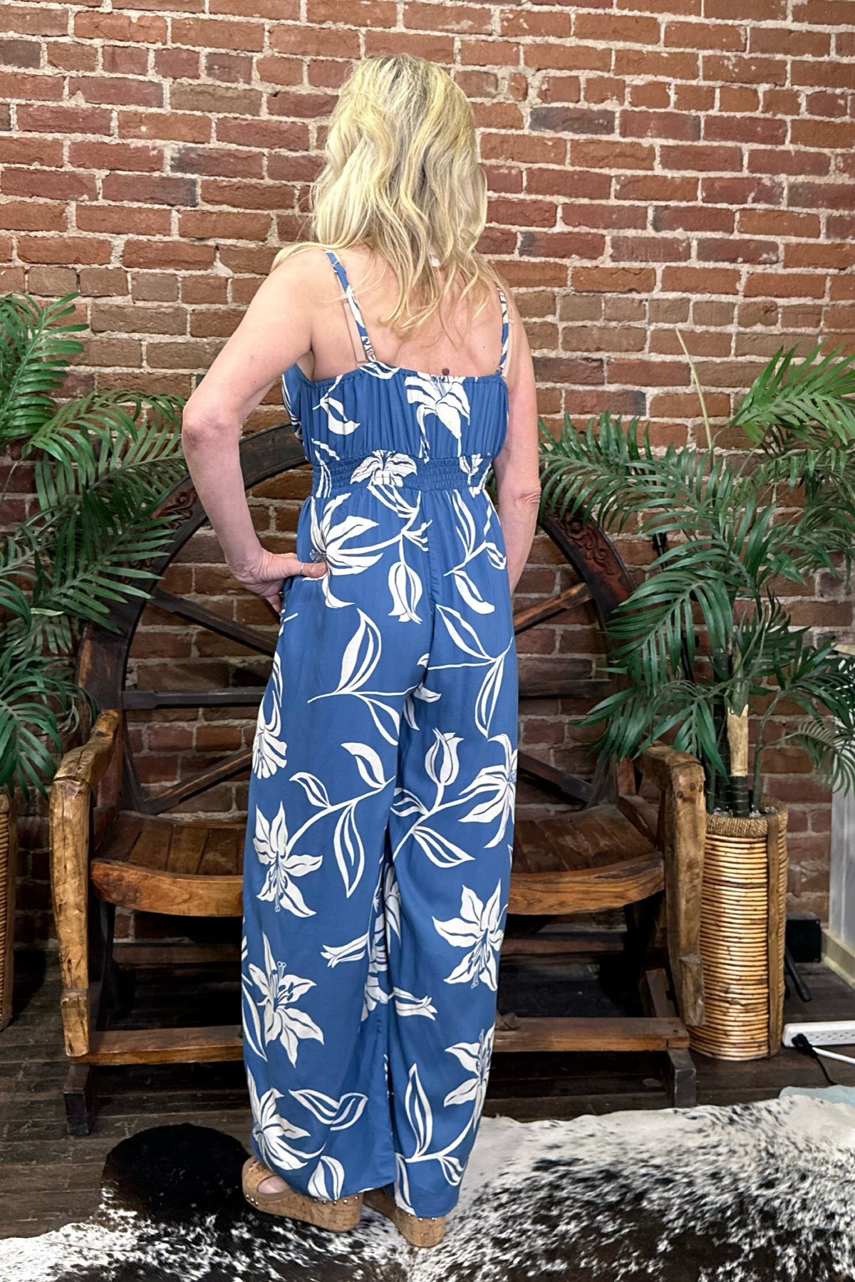 Blue V-Neck Jumpsuit with Slit Leg By Angie-Dress-Angie-Gallop 'n Glitz- Women's Western Wear Boutique, Located in Grants Pass, Oregon