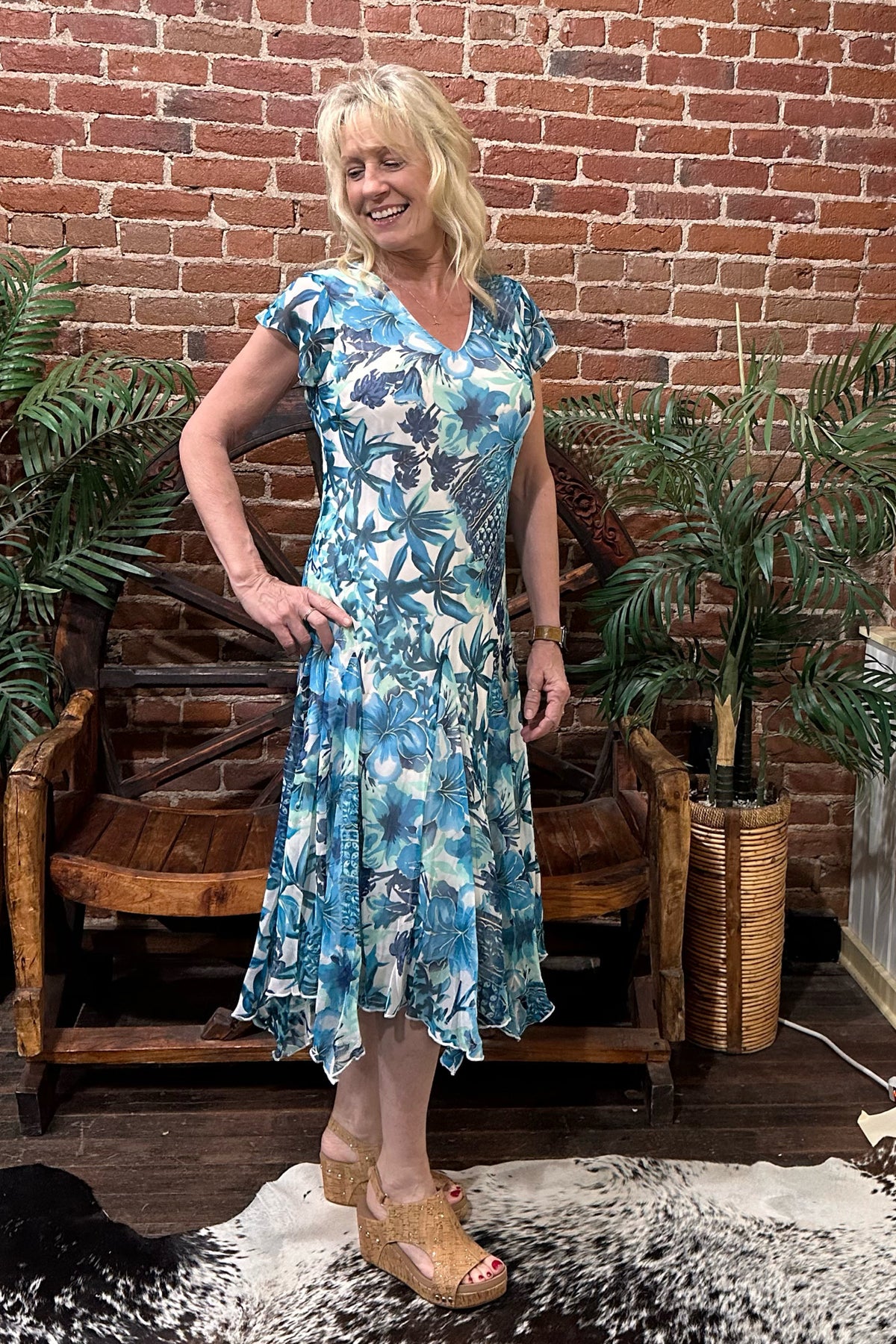 Blue Floral Print Dress with Gold Detailing-Dress-Lazy Daisy-Gallop 'n Glitz- Women's Western Wear Boutique, Located in Grants Pass, Oregon