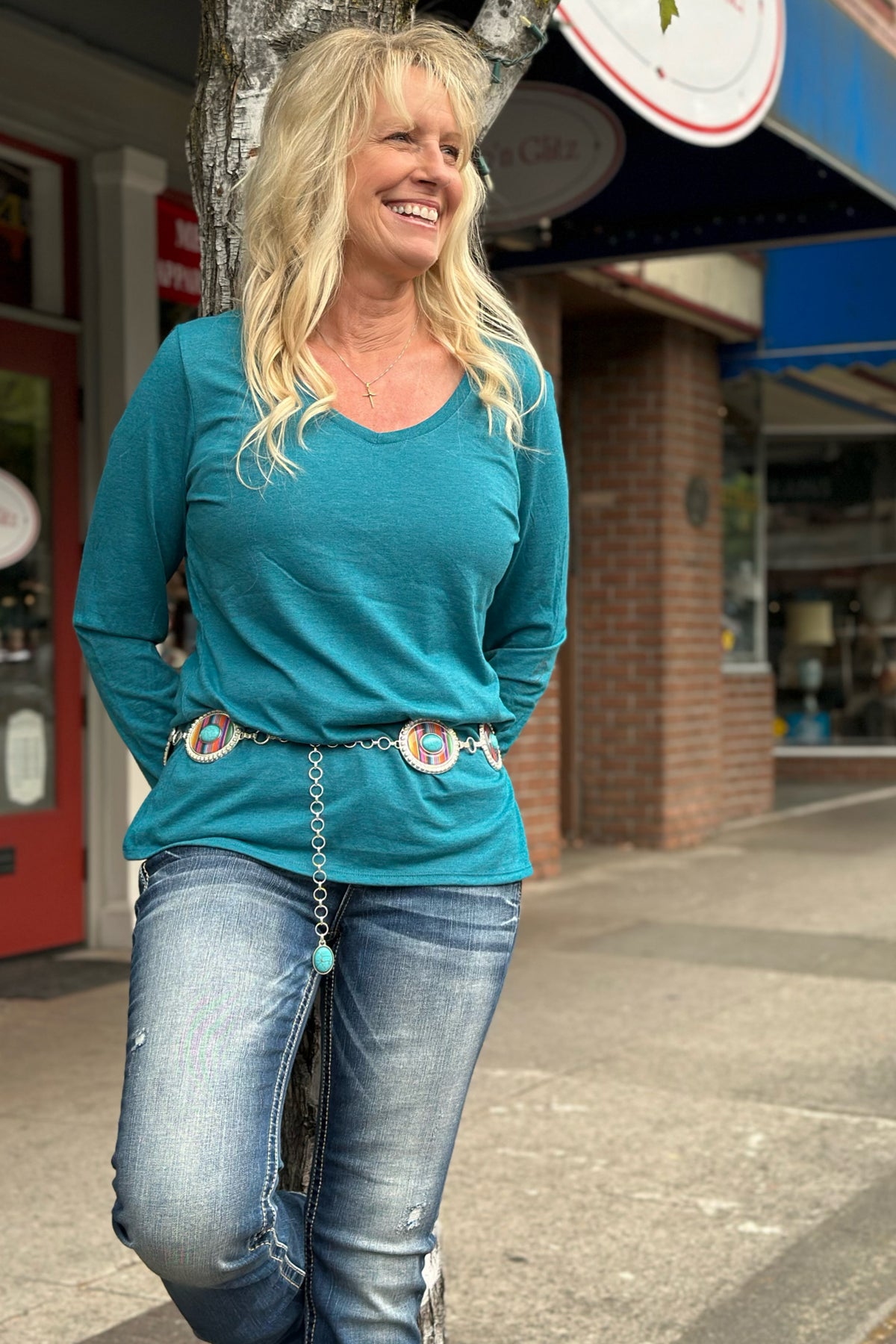 Women's BEST EVER V-Neck Long Sleeve Tee - Teal-top-Sanmar-Gallop 'n Glitz- Women's Western Wear Boutique, Located in Grants Pass, Oregon