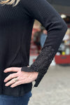 Vocal Black Long Sleeve w/Crochet Patch Sleeve-top-Vocal-Gallop 'n Glitz- Women's Western Wear Boutique, Located in Grants Pass, Oregon
