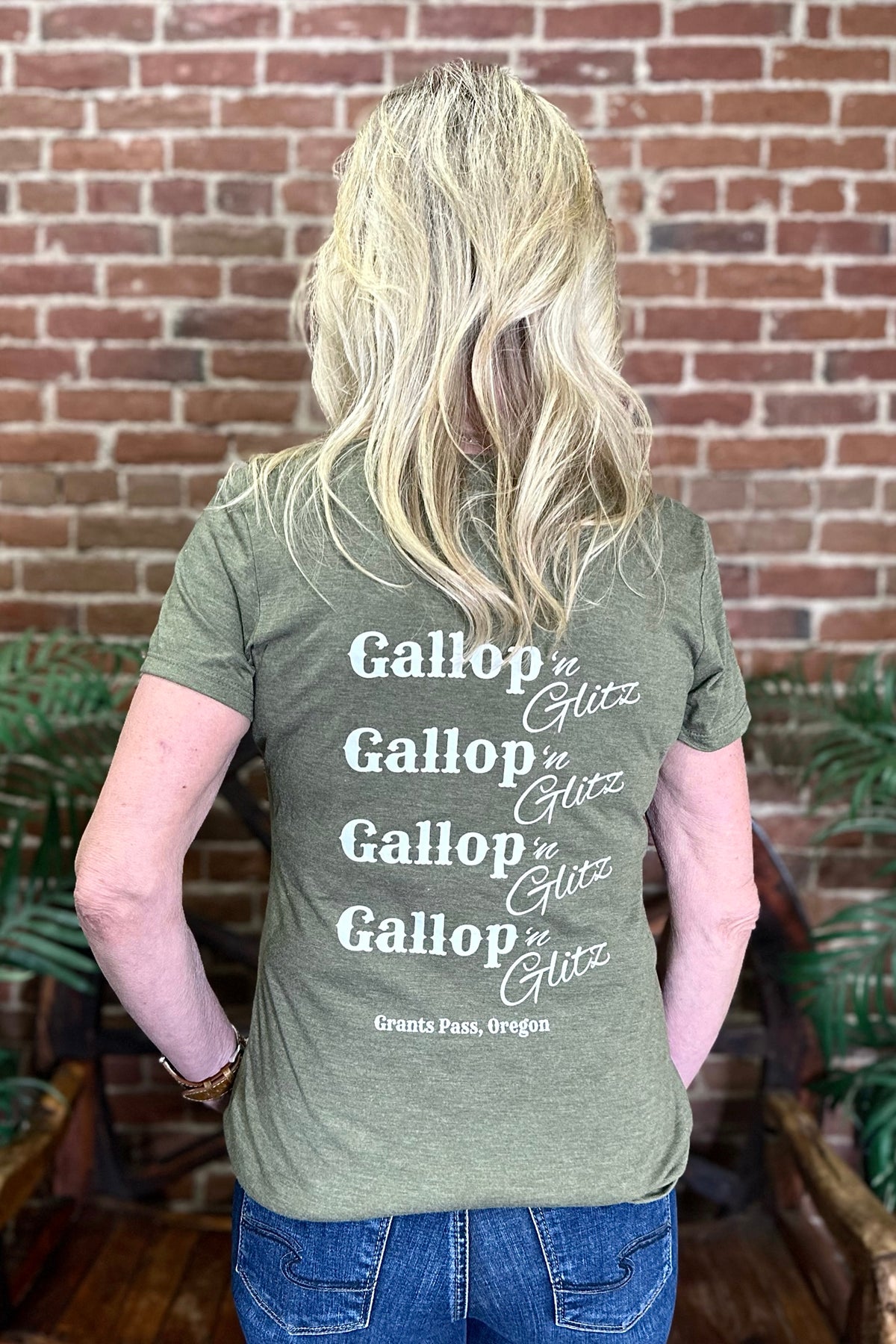 Gallop 'n Glitz V-Neck Tee - Military Green-top-Sanmar-Gallop 'n Glitz- Women's Western Wear Boutique, Located in Grants Pass, Oregon