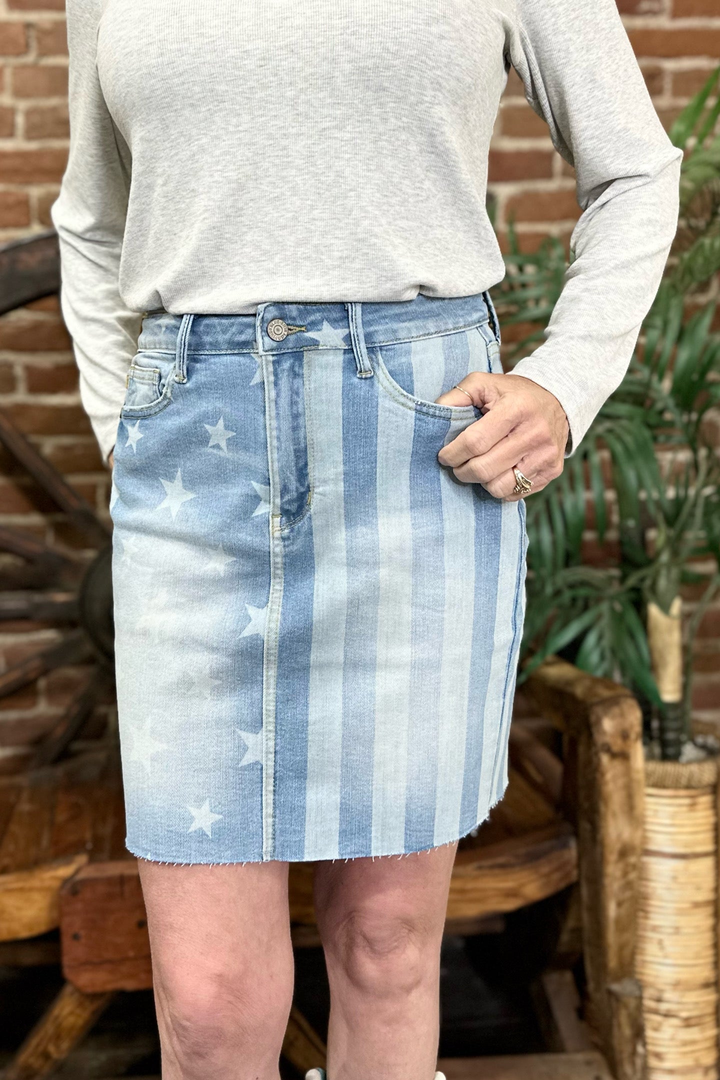 High Waist Stars & Stripes Bleach Discharge Denim Skirt by Judy Blue-Skirt-Judy Blue-Gallop 'n Glitz- Women's Western Wear Boutique, Located in Grants Pass, Oregon