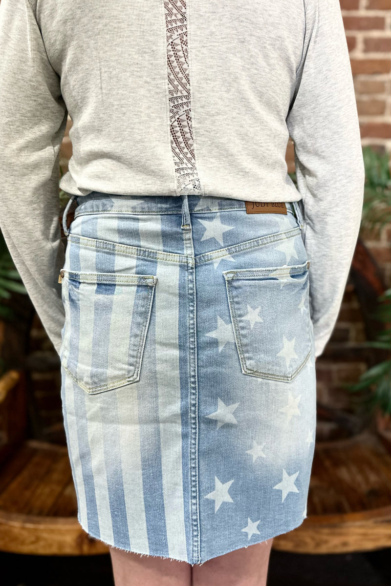 High Waist Stars & Stripes Bleach Discharge Denim Skirt by Judy Blue-Skirt-Judy Blue-Gallop 'n Glitz- Women's Western Wear Boutique, Located in Grants Pass, Oregon