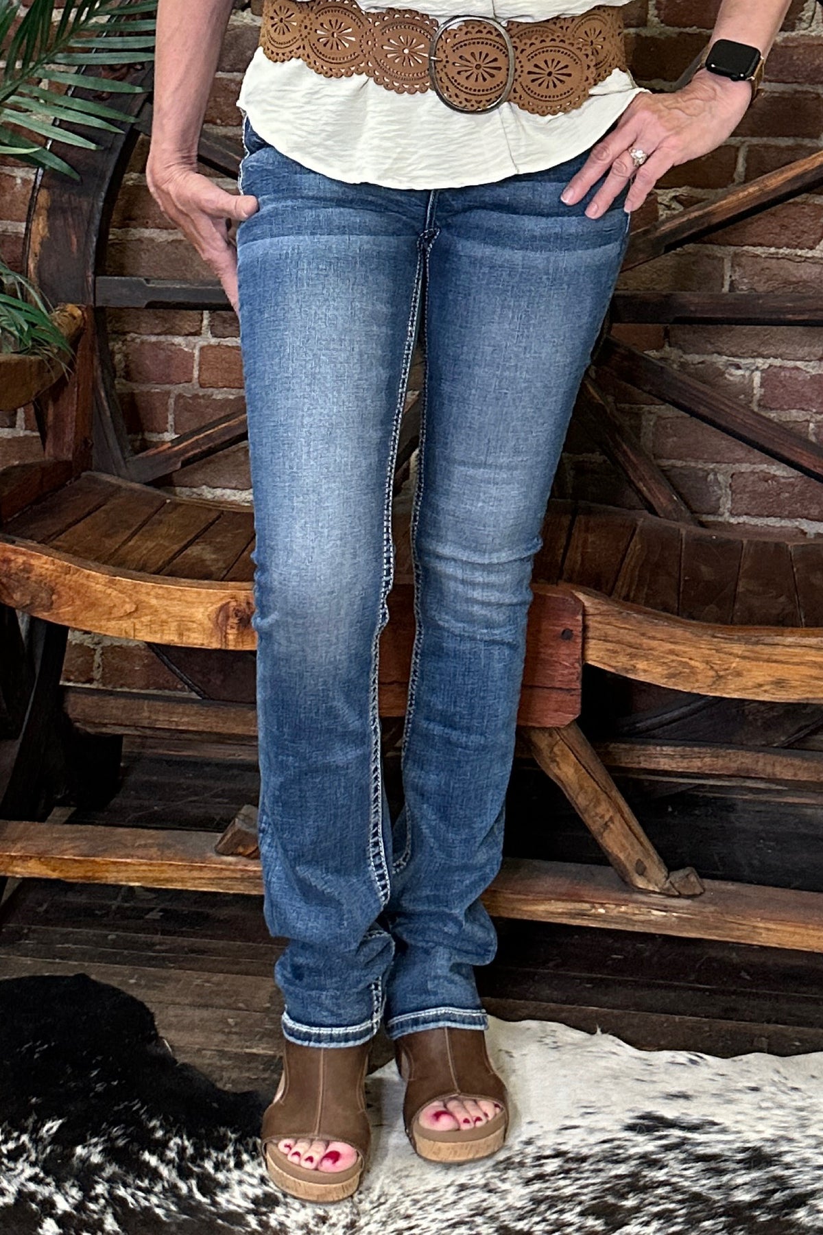 Floral Feathers Mid Rise Slim Bootcut Jean by Miss Me-Bootcut-Miss Me-Gallop 'n Glitz- Women's Western Wear Boutique, Located in Grants Pass, Oregon