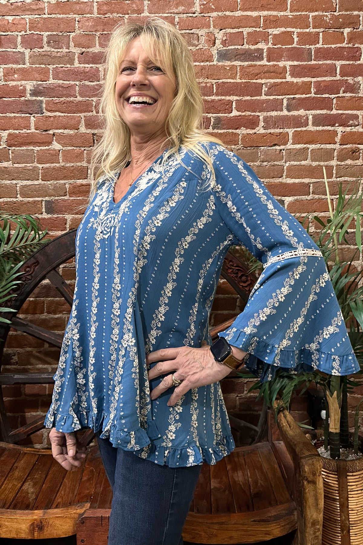 Blue Floral Stripe Top with Tie Back-top-Nostalgia-Gallop 'n Glitz- Women's Western Wear Boutique, Located in Grants Pass, Oregon