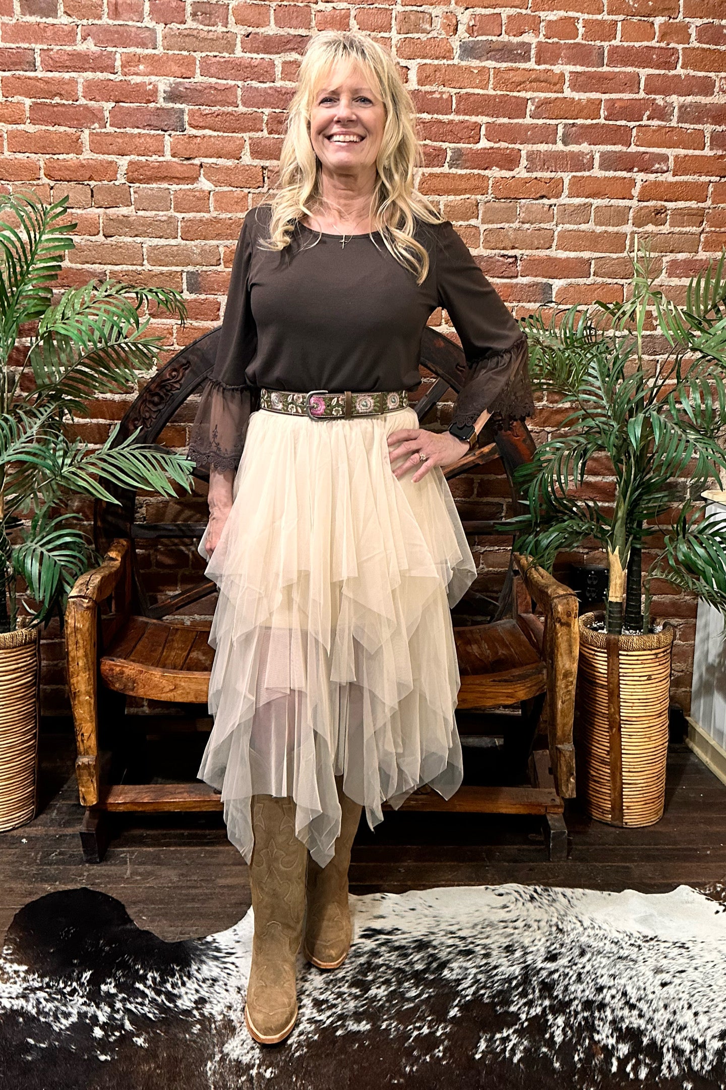 Lace Bell Sleeve Brown Tunic by Origami Apparel-top-Origami-Gallop 'n Glitz- Women's Western Wear Boutique, Located in Grants Pass, Oregon