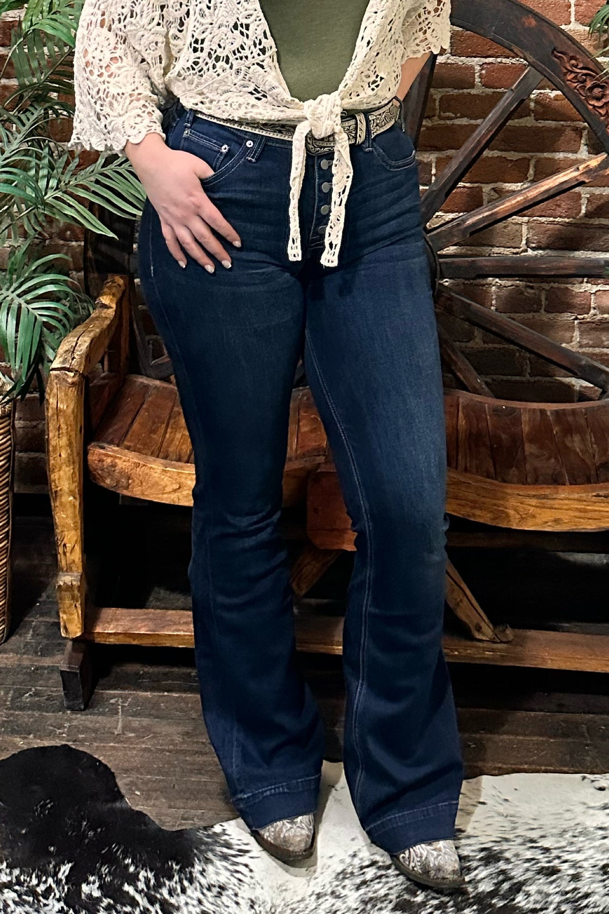 Womans High Rise Button Fly Dark Wash Trouser Jean By Rock & Roll-Trouser-Rock & Roll Denim-Gallop 'n Glitz- Women's Western Wear Boutique, Located in Grants Pass, Oregon