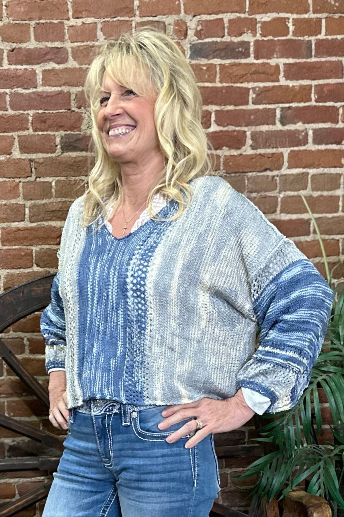 Vintage Blue Crop Pull Over Sweater By Angie-Sweater-Angie-Gallop 'n Glitz- Women's Western Wear Boutique, Located in Grants Pass, Oregon