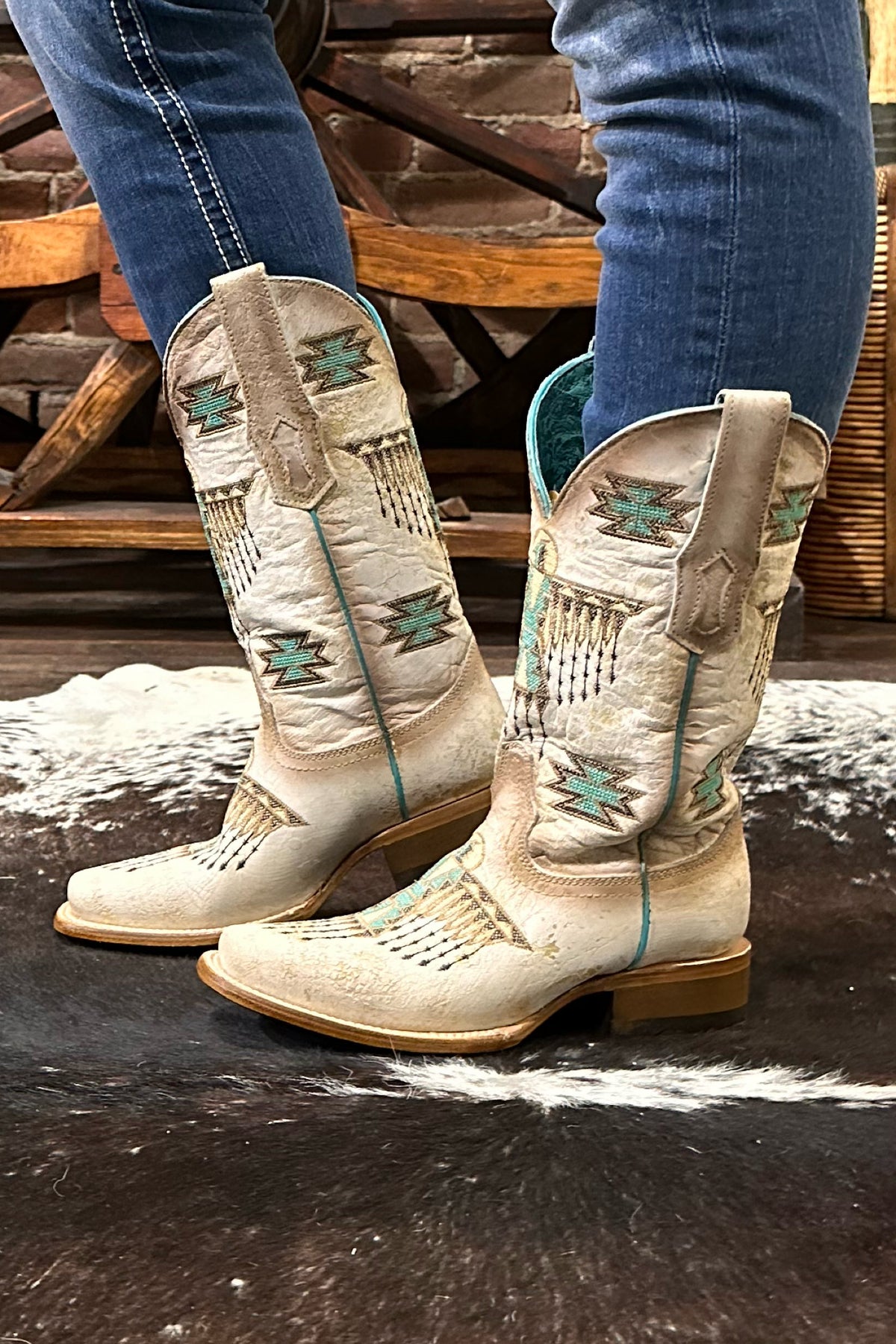 Ladies White w/Brown & Turquoise Embroidery Square Toe by Corral Boots-Boot-Corral Boots-Gallop 'n Glitz- Women's Western Wear Boutique, Located in Grants Pass, Oregon
