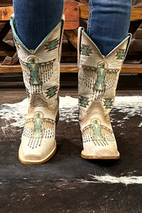 Ladies White w/Brown & Turquoise Embroidery Square Toe by Corral Boots-Boot-Corral Boots-Gallop 'n Glitz- Women's Western Wear Boutique, Located in Grants Pass, Oregon