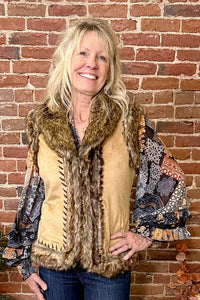 Faux Suede Tan Vest with Fur Edging-Vest-Montana Co-Gallop 'n Glitz- Women's Western Wear Boutique, Located in Grants Pass, Oregon