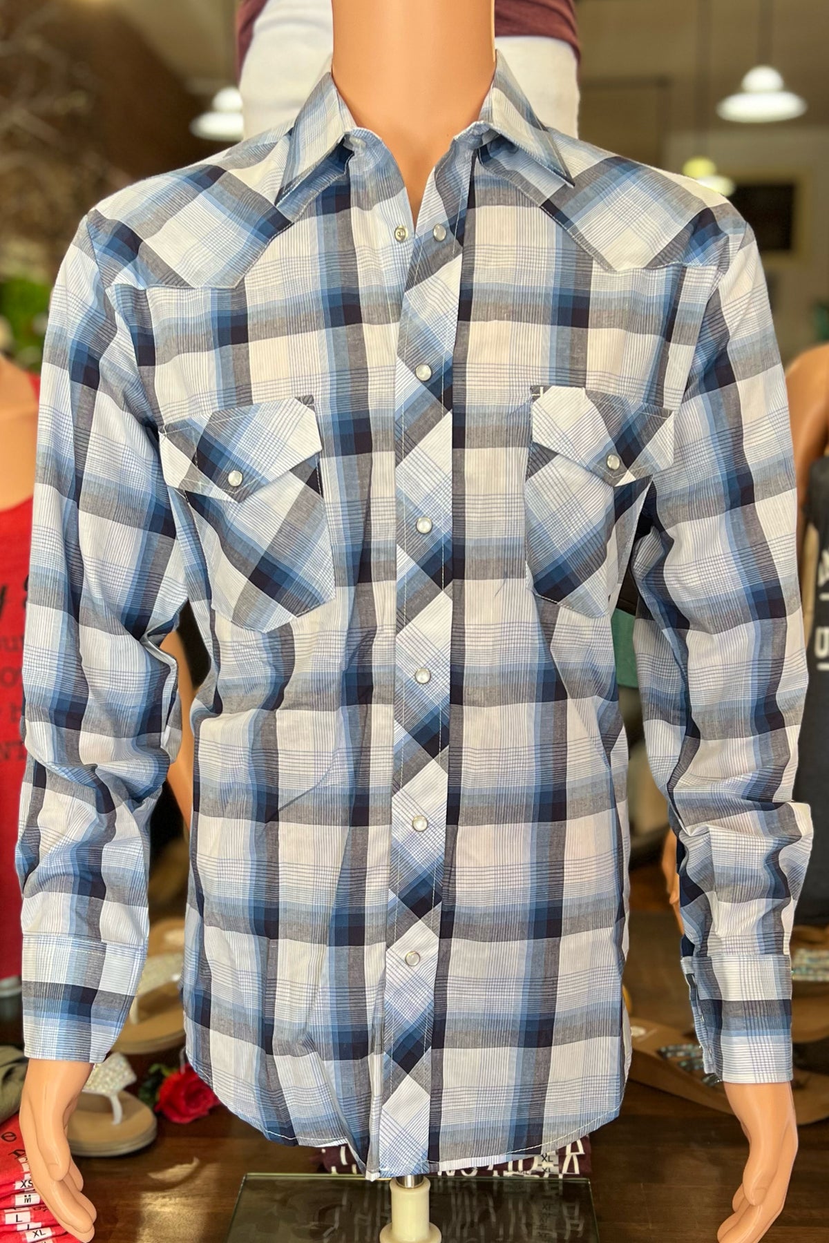 Mens Pearl Snap Blue And White Plaid Shirt-Men's Dress Shirt-Roper/Stetson-Gallop 'n Glitz- Women's Western Wear Boutique, Located in Grants Pass, Oregon