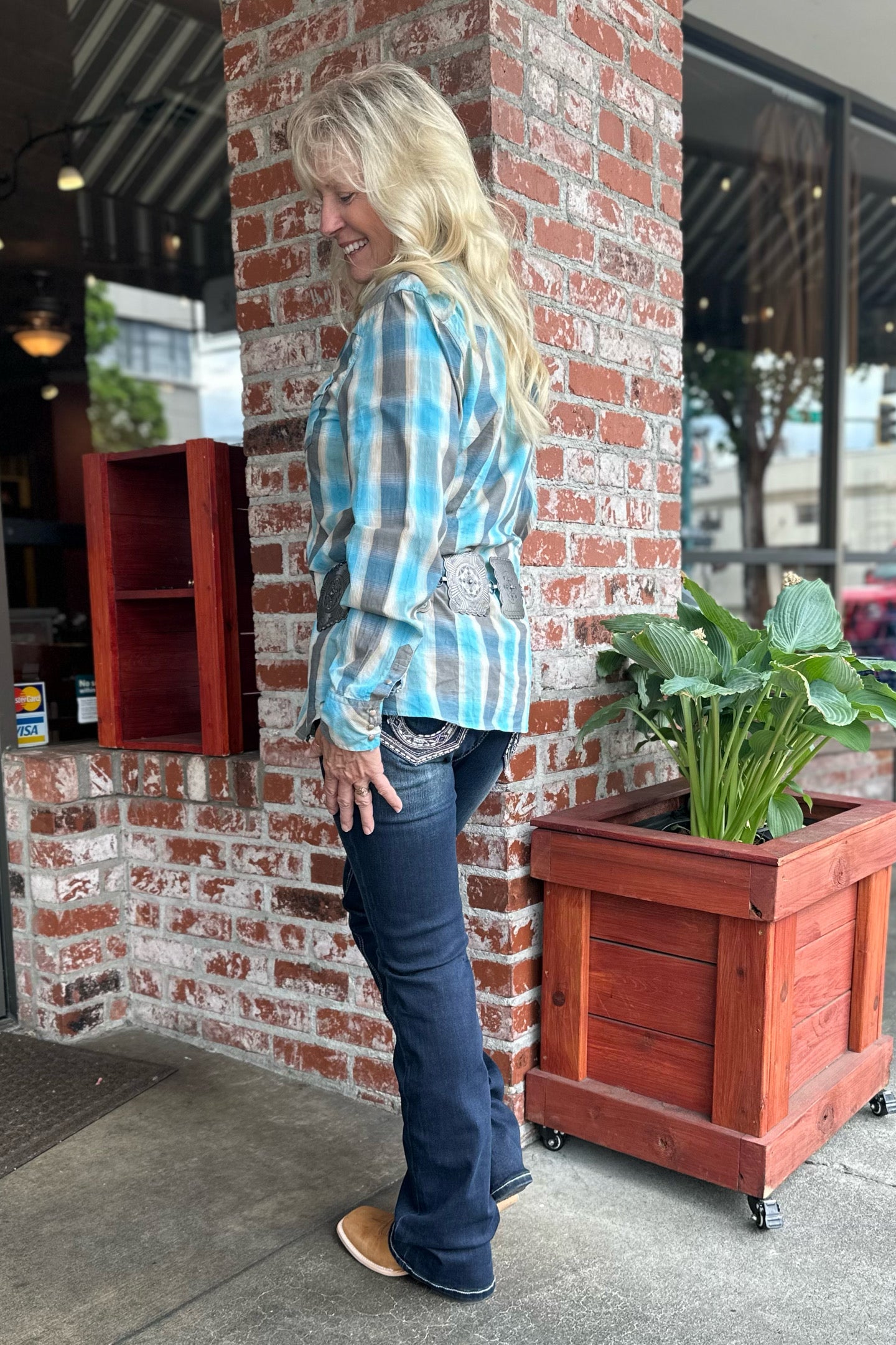 Ladies Roper Western Snap Shirt in Beach Dobby Plaid by Roper-Top-Roper/Stetson-Gallop 'n Glitz- Women's Western Wear Boutique, Located in Grants Pass, Oregon