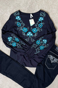 Black Mesa Squash Blossom Embroidered Top by Roper-Top-Roper/Stetson-Gallop 'n Glitz- Women's Western Wear Boutique, Located in Grants Pass, Oregon
