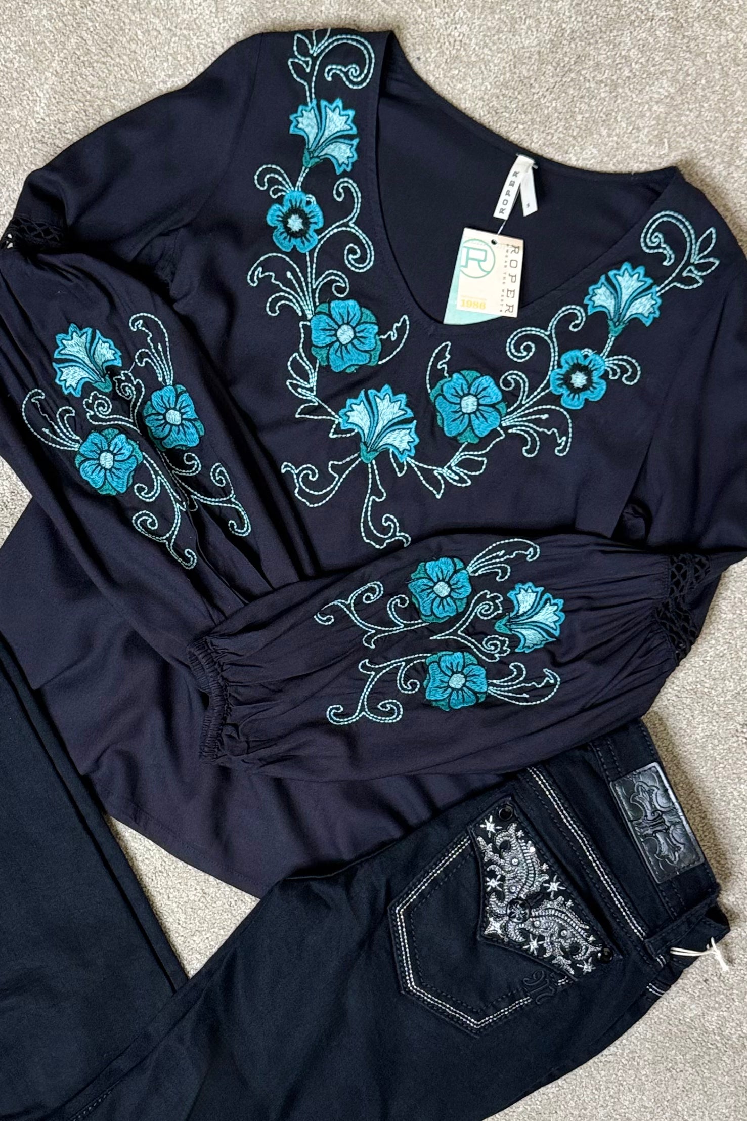 Black Mesa Squash Blossom Embroidered Top by Roper-Top-Roper/Stetson-Gallop 'n Glitz- Women's Western Wear Boutique, Located in Grants Pass, Oregon