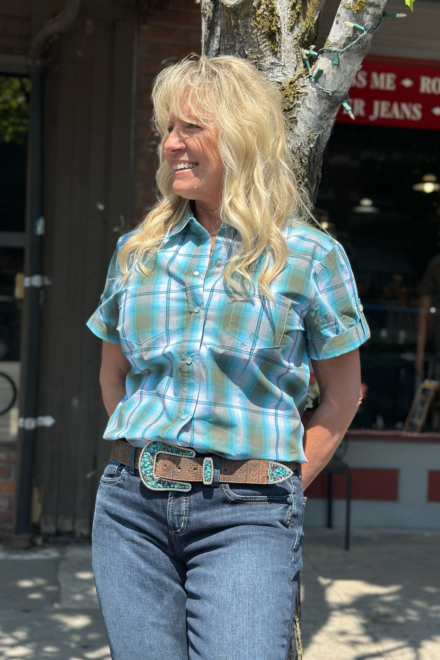 Woman's Meadow Plaid Short Sleeved Shirt-Top-Roper/Stetson-Gallop 'n Glitz- Women's Western Wear Boutique, Located in Grants Pass, Oregon