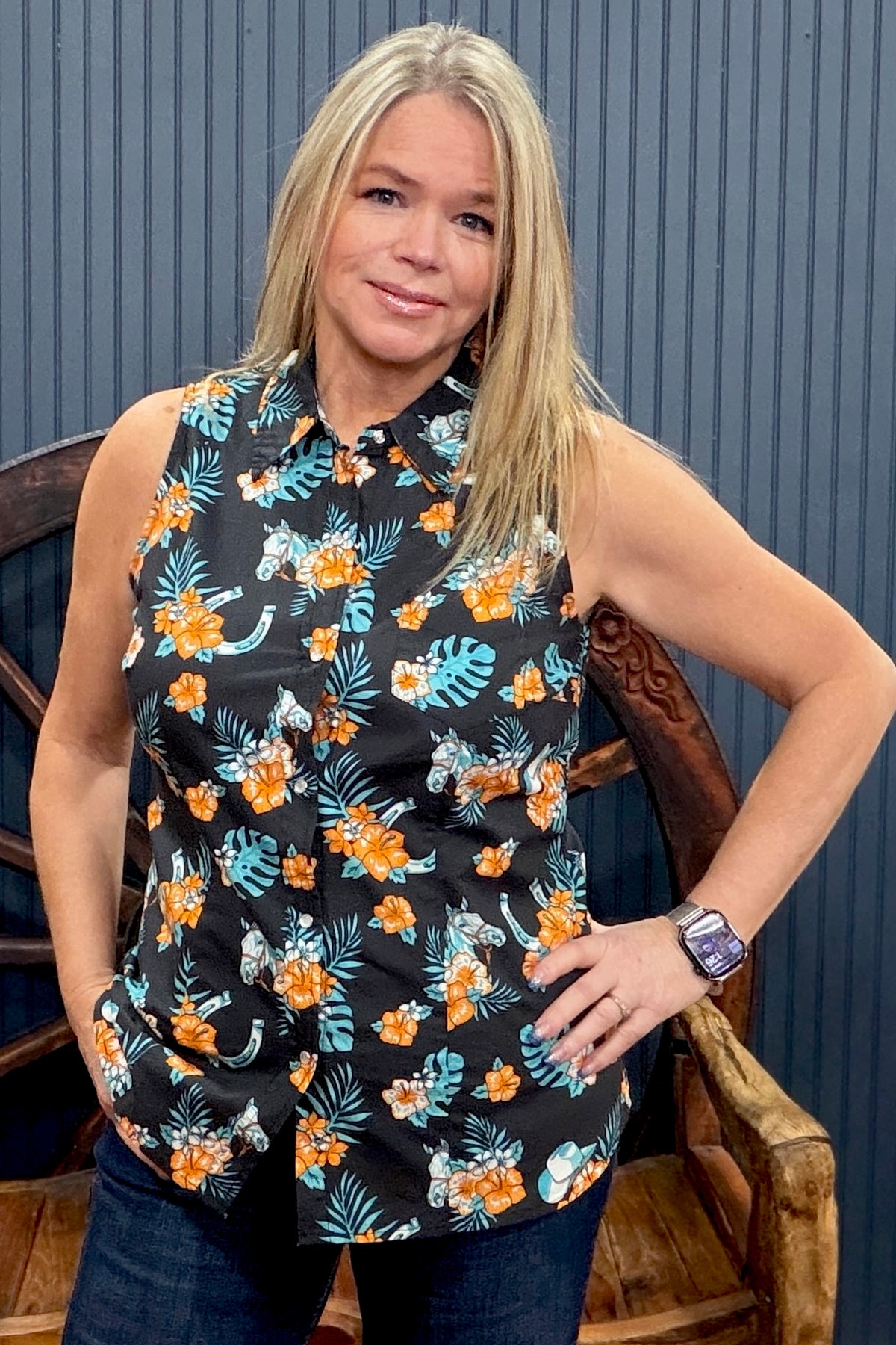 Tropical Dream Pearl Snap Sleeveless Top by Roper-Top-Roper/Stetson-Gallop 'n Glitz- Women's Western Wear Boutique, Located in Grants Pass, Oregon