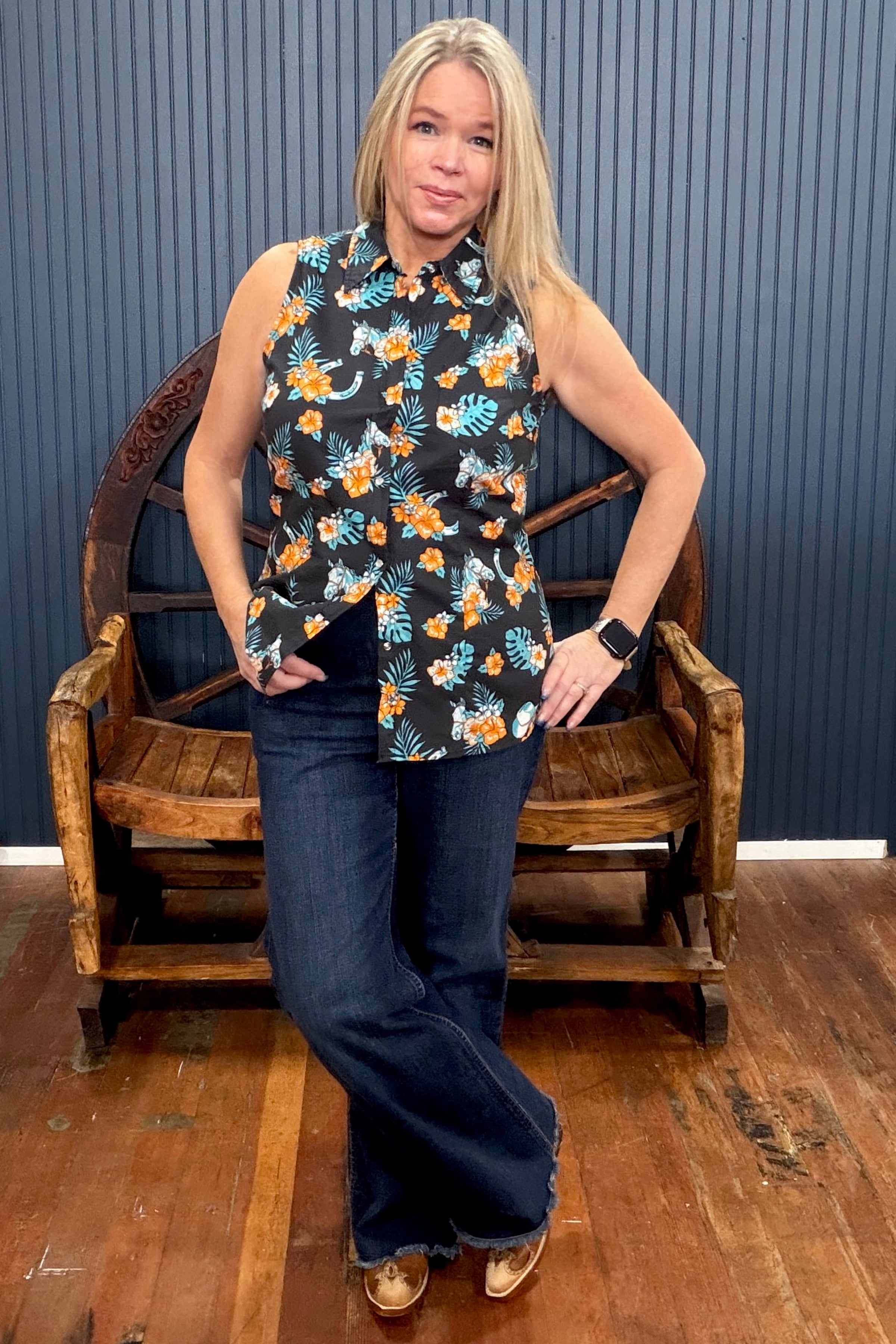 Tropical Dream Pearl Snap Sleeveless Top by Roper-Top-Roper/Stetson-Gallop 'n Glitz- Women's Western Wear Boutique, Located in Grants Pass, Oregon