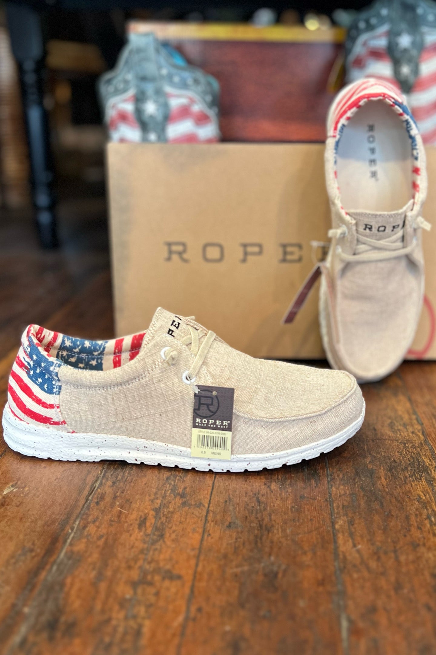 Men’s Roper® Tan/Beige w/Flag Heel Canvas Hang Loose Shoe-Men's Footwear-Roper/Stetson-Gallop 'n Glitz- Women's Western Wear Boutique, Located in Grants Pass, Oregon