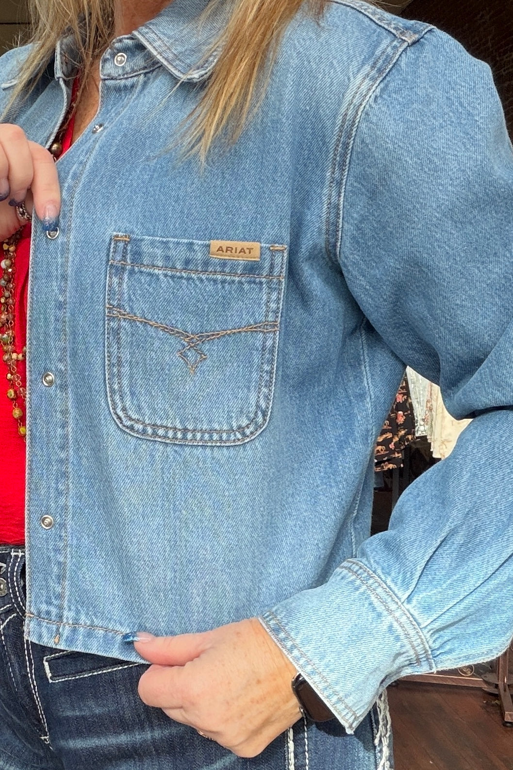 Women’s Cropped Long Sleeve Snapped Denim Shirt by Ariat-Top-Ariat-Gallop 'n Glitz- Women's Western Wear Boutique, Located in Grants Pass, Oregon