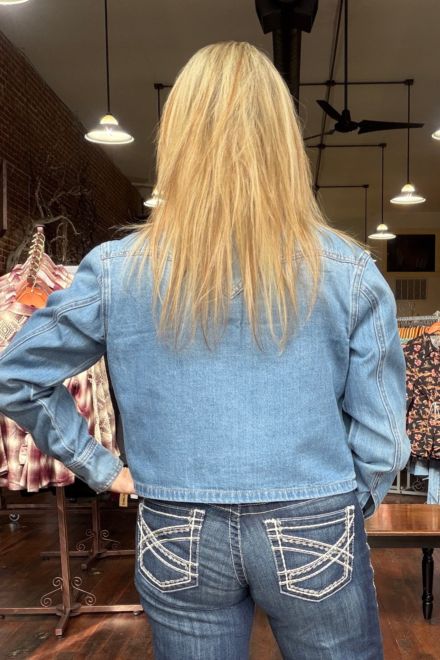 Women’s Cropped Long Sleeve Snapped Denim Shirt by Ariat-Top-Ariat-Gallop 'n Glitz- Women's Western Wear Boutique, Located in Grants Pass, Oregon