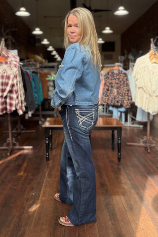 Women’s Cropped Long Sleeve Snapped Denim Shirt by Ariat-Top-Ariat-Gallop 'n Glitz- Women's Western Wear Boutique, Located in Grants Pass, Oregon