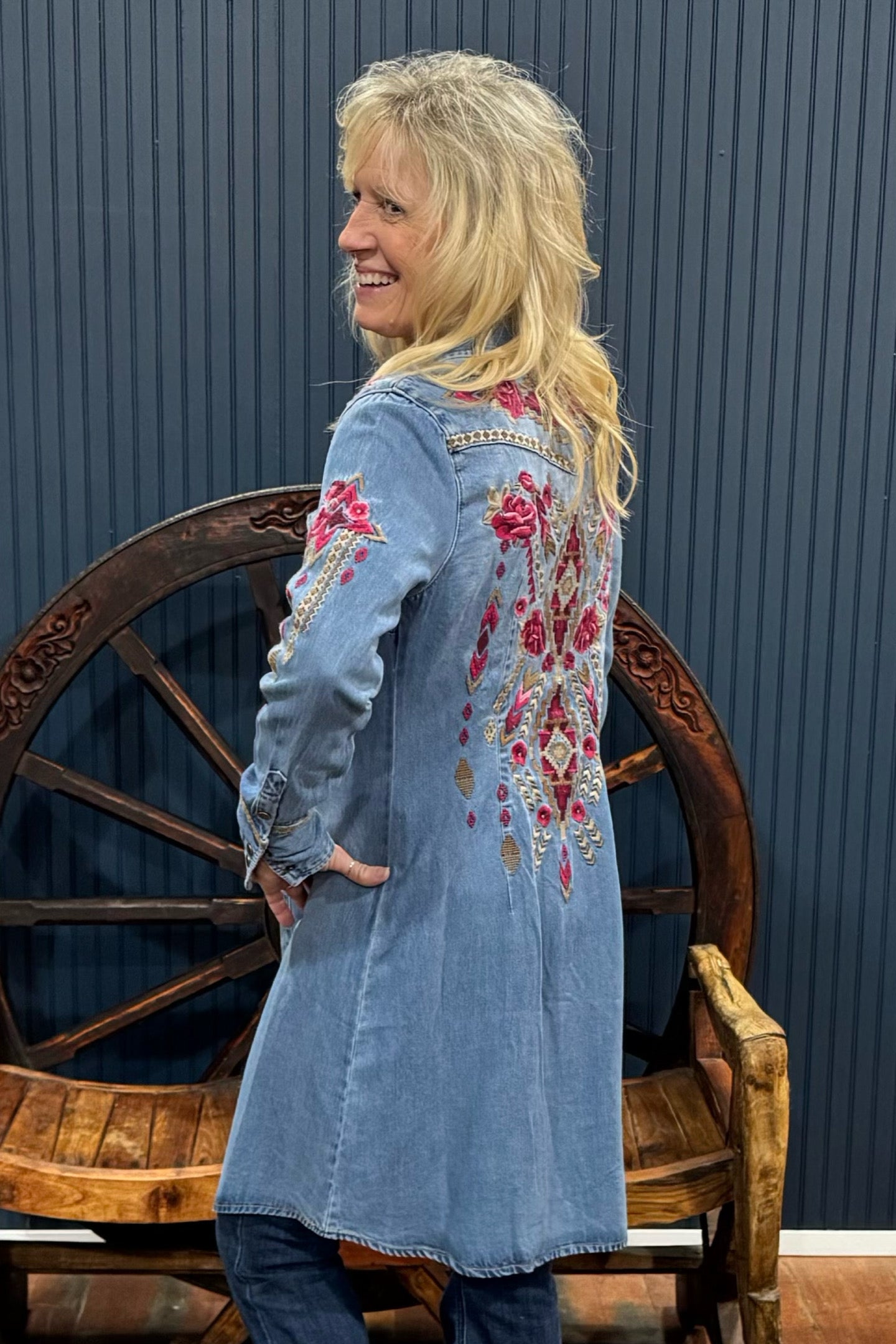 Floral Embroidered Denim Shirt Dress by Stetson - S / Denim Floral Embroidered Denim Shirt Dress by Stetson - S / Denim