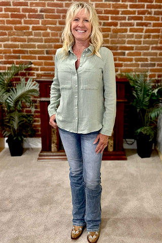 The Classic Cotton Button-Up Sage-Top-Be Cool-Gallop 'n Glitz- Women's Western Wear Boutique, Located in Grants Pass, Oregon