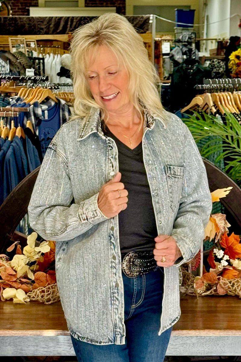 Sparkle Stripe Boyfriend Jacket - Denim-Jacket-Blue B-Gallop 'n Glitz- Women's Western Wear Boutique, Located in Grants Pass, Oregon