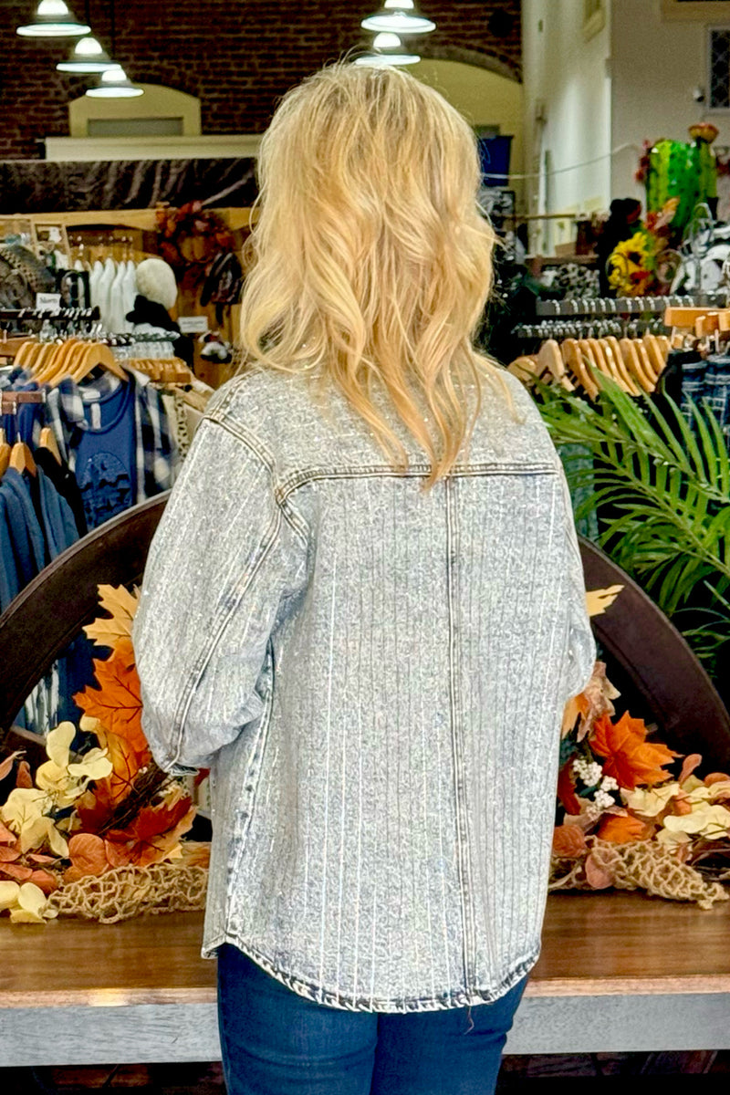 Sparkle Stripe Boyfriend Jacket - Denim-Jacket-Blue B-Gallop 'n Glitz- Women's Western Wear Boutique, Located in Grants Pass, Oregon