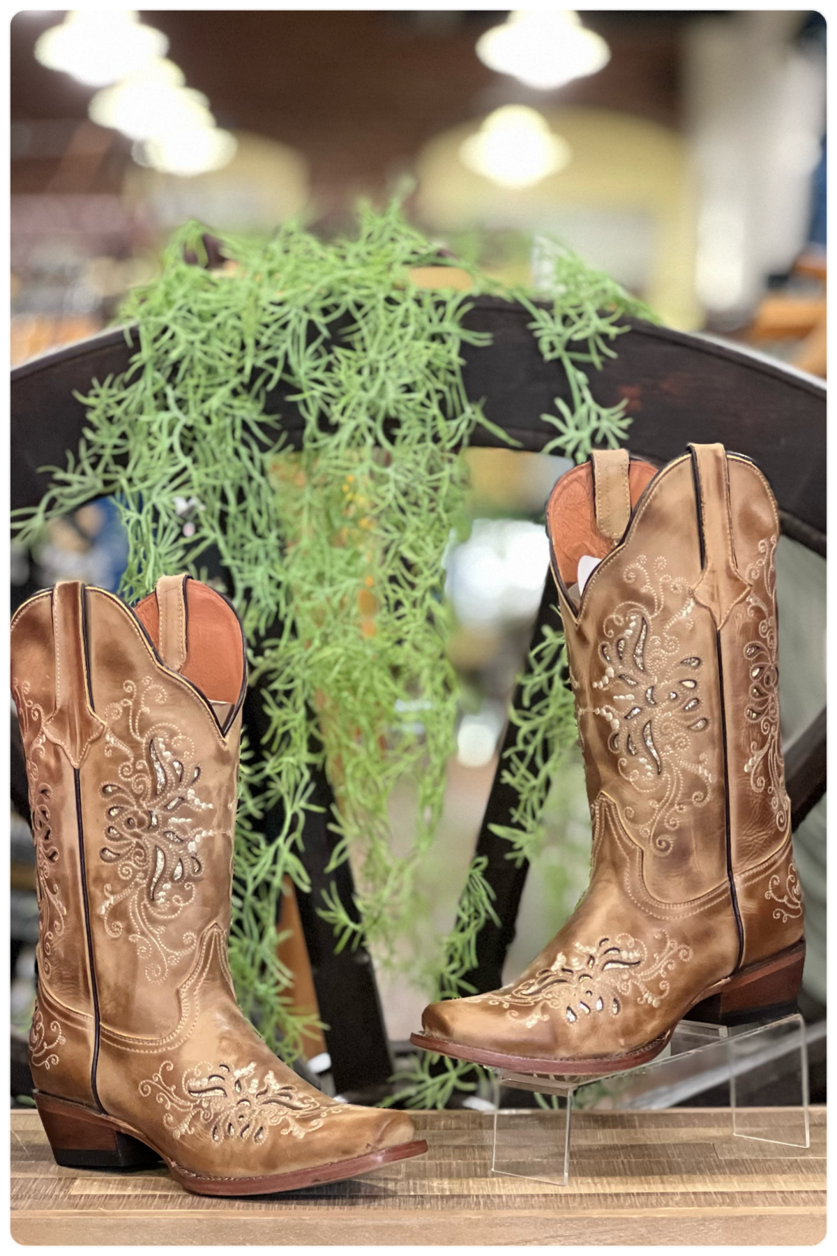 Women's Burnished Sand Butterfly Inlay Leather Boot-Boot-Tanner Mark-Gallop 'n Glitz- Women's Western Wear Boutique, Located in Grants Pass, Oregon
