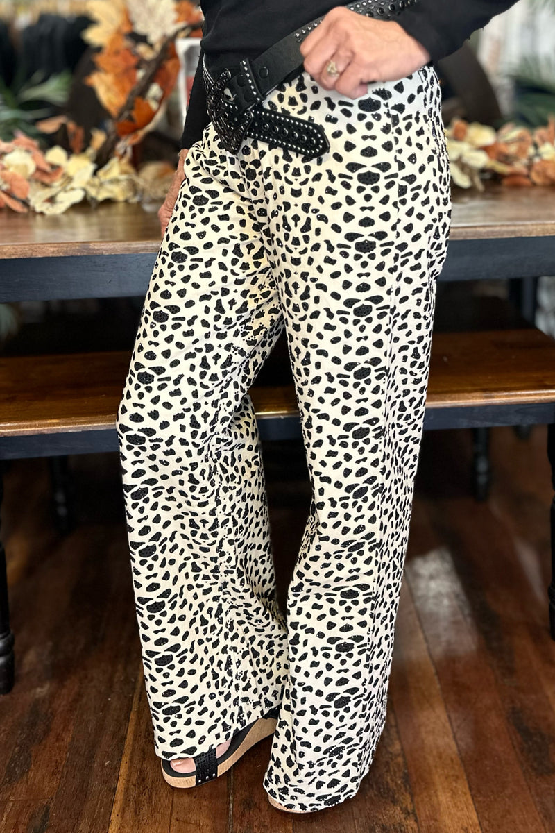 Dalmatian Print Crystal Wide-Leg Jeans-Trouser-Blue B-Gallop 'n Glitz- Women's Western Wear Boutique, Located in Grants Pass, Oregon