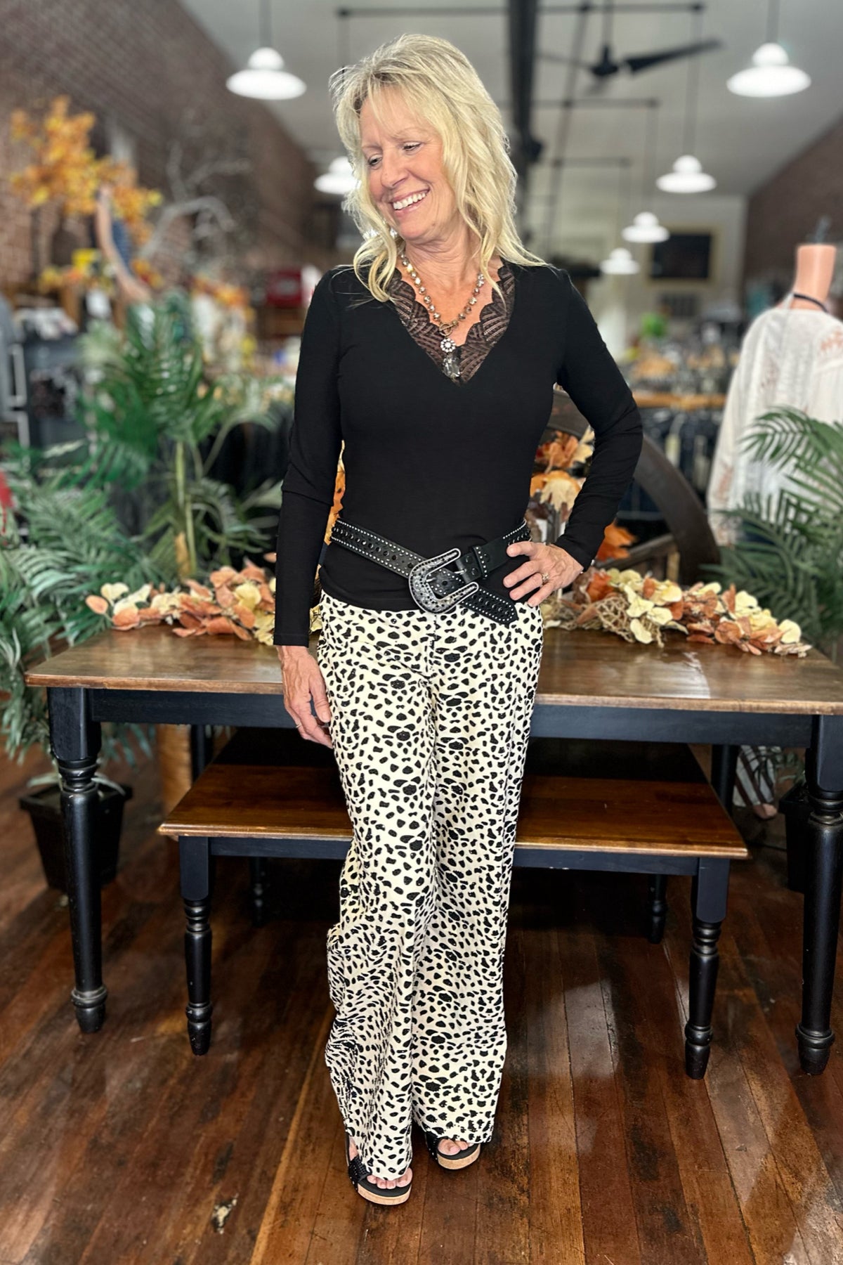 Dalmatian Print Crystal Wide-Leg Jeans-Trouser-Blue B-Gallop 'n Glitz- Women's Western Wear Boutique, Located in Grants Pass, Oregon