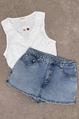 Denim Light Wash Skort-Shorts-Blue B-Gallop 'n Glitz- Women's Western Wear Boutique, Located in Grants Pass, Oregon