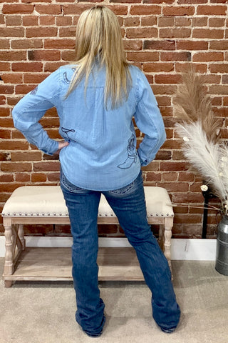 Western Embroidered Snap Button Shirt-Top-Blue B-Gallop 'n Glitz- Women's Western Wear Boutique, Located in Grants Pass, Oregon