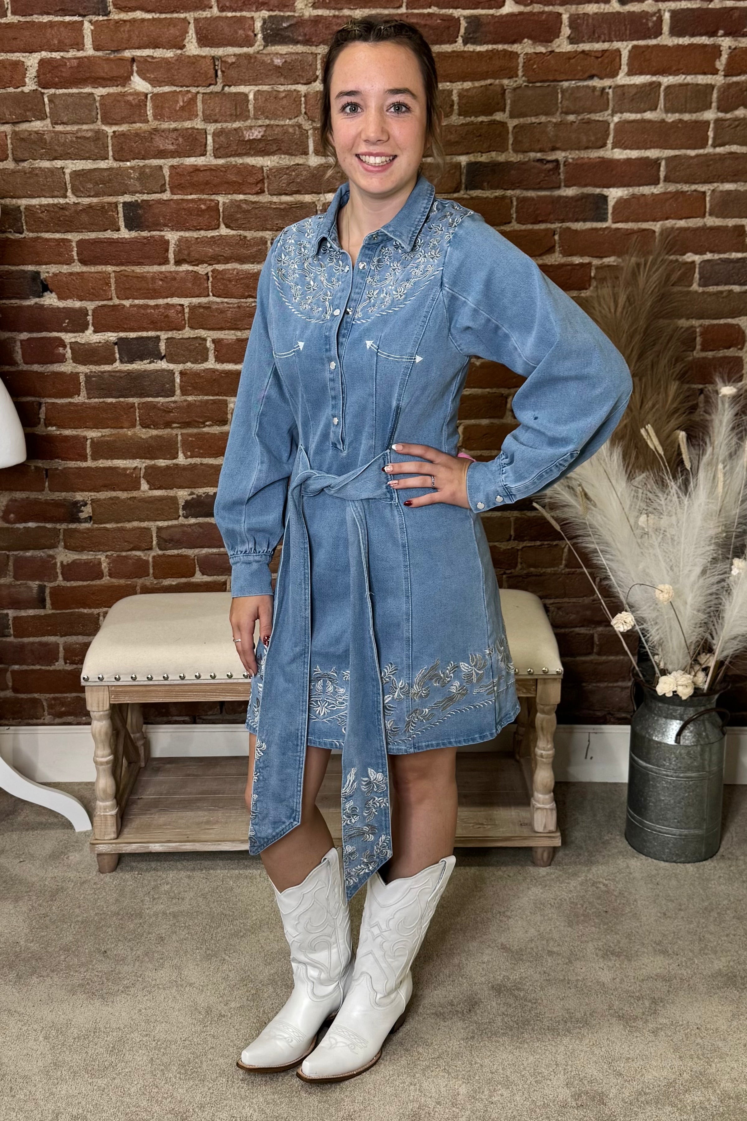Western Bloom Belted Denim Dress-Dress-Blue B-Gallop 'n Glitz- Women's Western Wear Boutique, Located in Grants Pass, Oregon