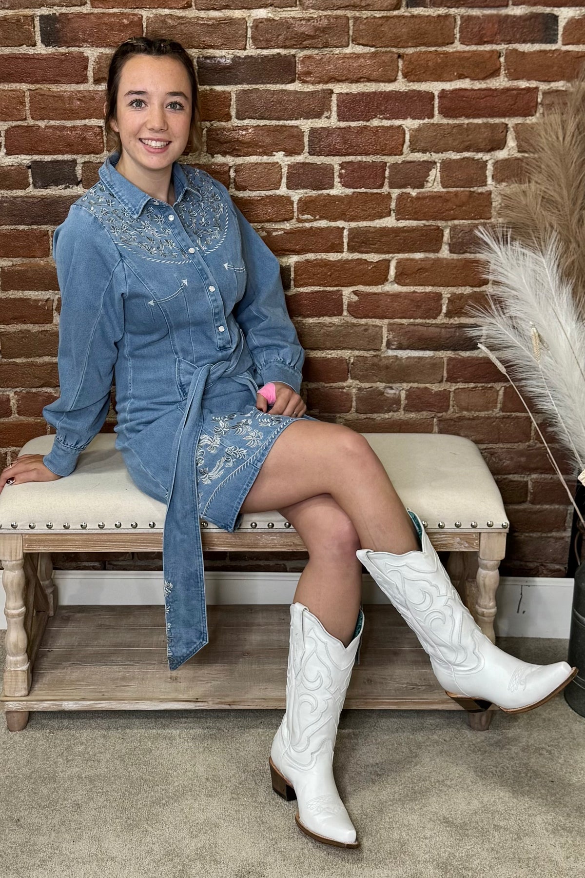 Western Bloom Belted Denim Dress-Dress-Blue B-Gallop 'n Glitz- Women's Western Wear Boutique, Located in Grants Pass, Oregon
