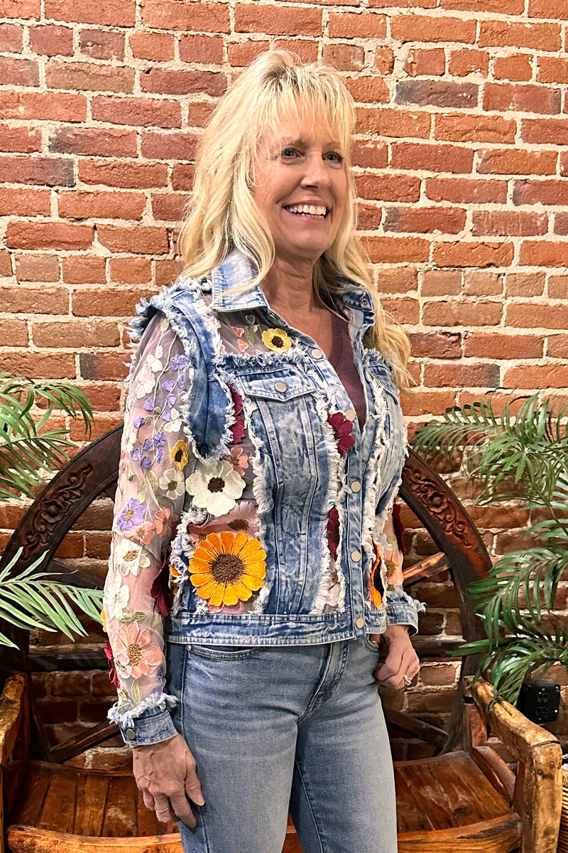Denim 'n Lace Floral Embroidered Jacket-Jacket-Adore-Gallop 'n Glitz- Women's Western Wear Boutique, Located in Grants Pass, Oregon