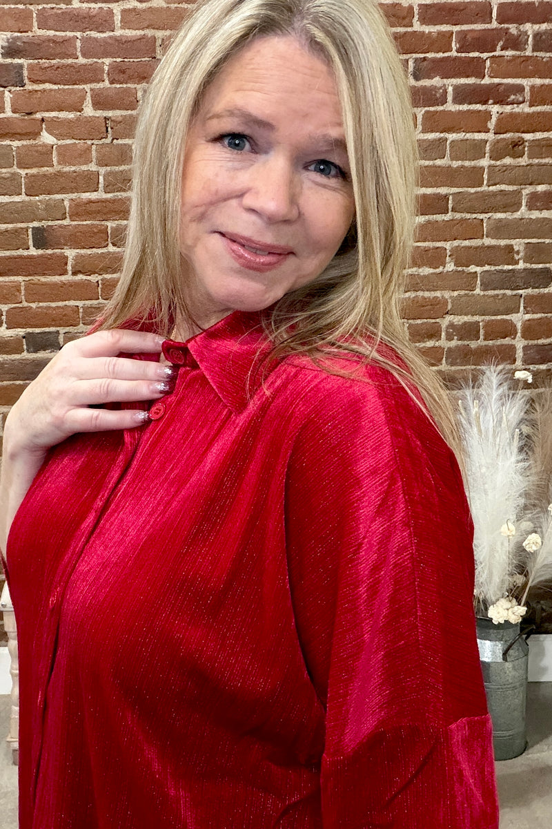 Prim Button Up Red Velvet Top-top-jess lea-Gallop 'n Glitz- Women's Western Wear Boutique, Located in Grants Pass, Oregon