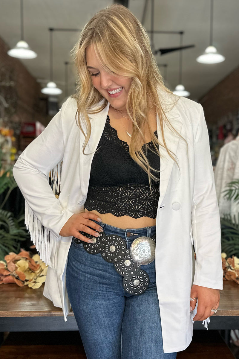 White Fringe Blazer-Jacket-Blue B-Gallop 'n Glitz- Women's Western Wear Boutique, Located in Grants Pass, Oregon