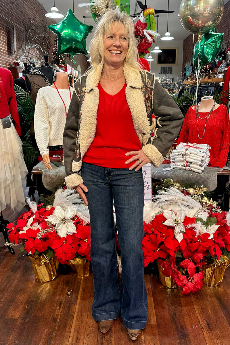 Embroidered Crop Sherpa Jacket-Jacket-Blue B-Gallop 'n Glitz- Women's Western Wear Boutique, Located in Grants Pass, Oregon