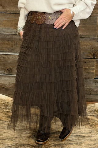 New West Mesh Skirt by Origami Brown-Skirt-Origami-Gallop 'n Glitz- Women's Western Wear Boutique, Located in Grants Pass, Oregon