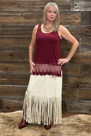 Origami Tank Top with Lace Trim Wine