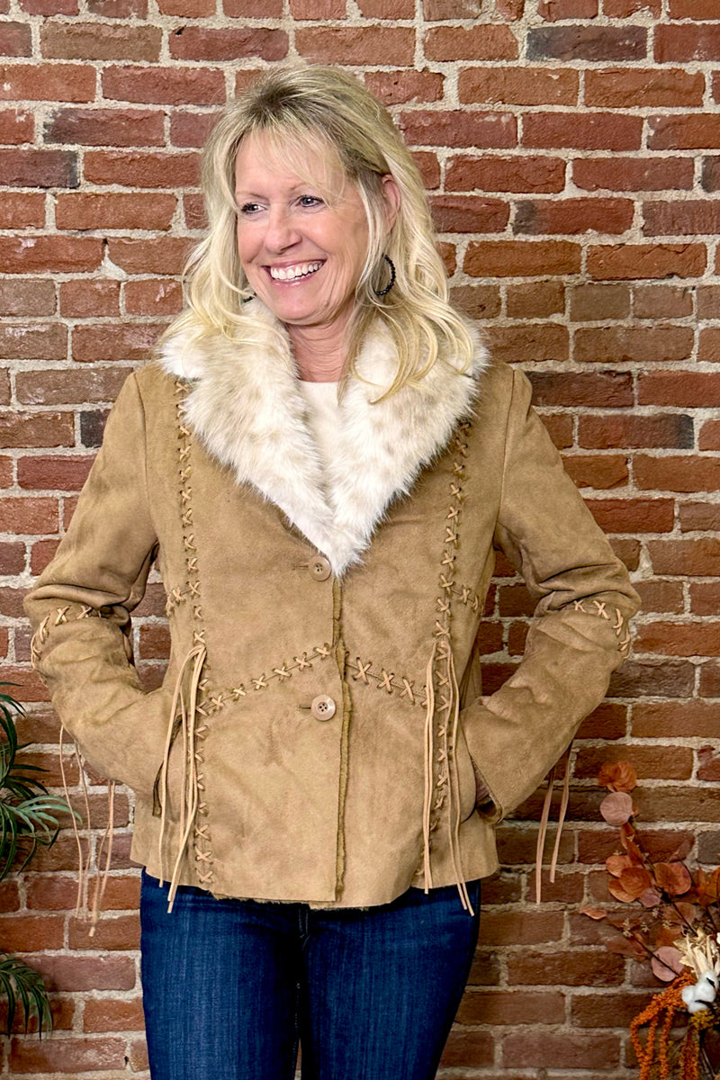 Faux Suede Light Brown Jacket with Fur Collar-Jacket-Montana Co-Gallop 'n Glitz- Women's Western Wear Boutique, Located in Grants Pass, Oregon